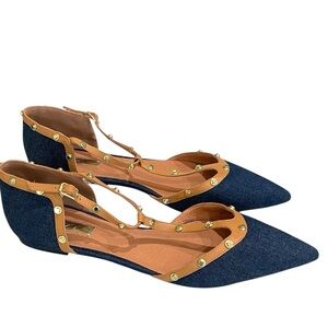 Halogen Olson Point Toe Studded T-Strap Denim Flats SZ 12 Denim Blue